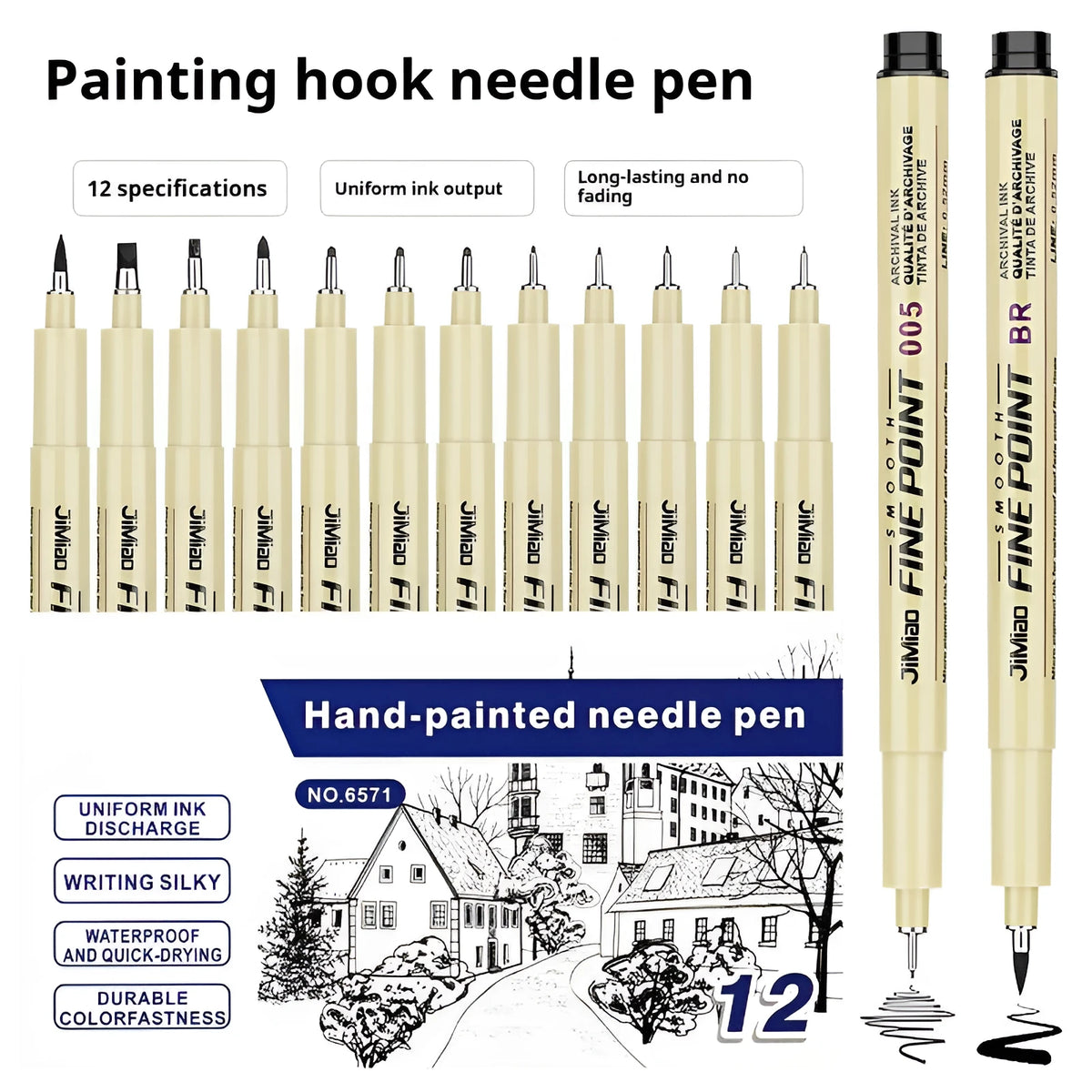 Waterproof art cartoon design sketch pen with syringe-style needle point and black ink.
