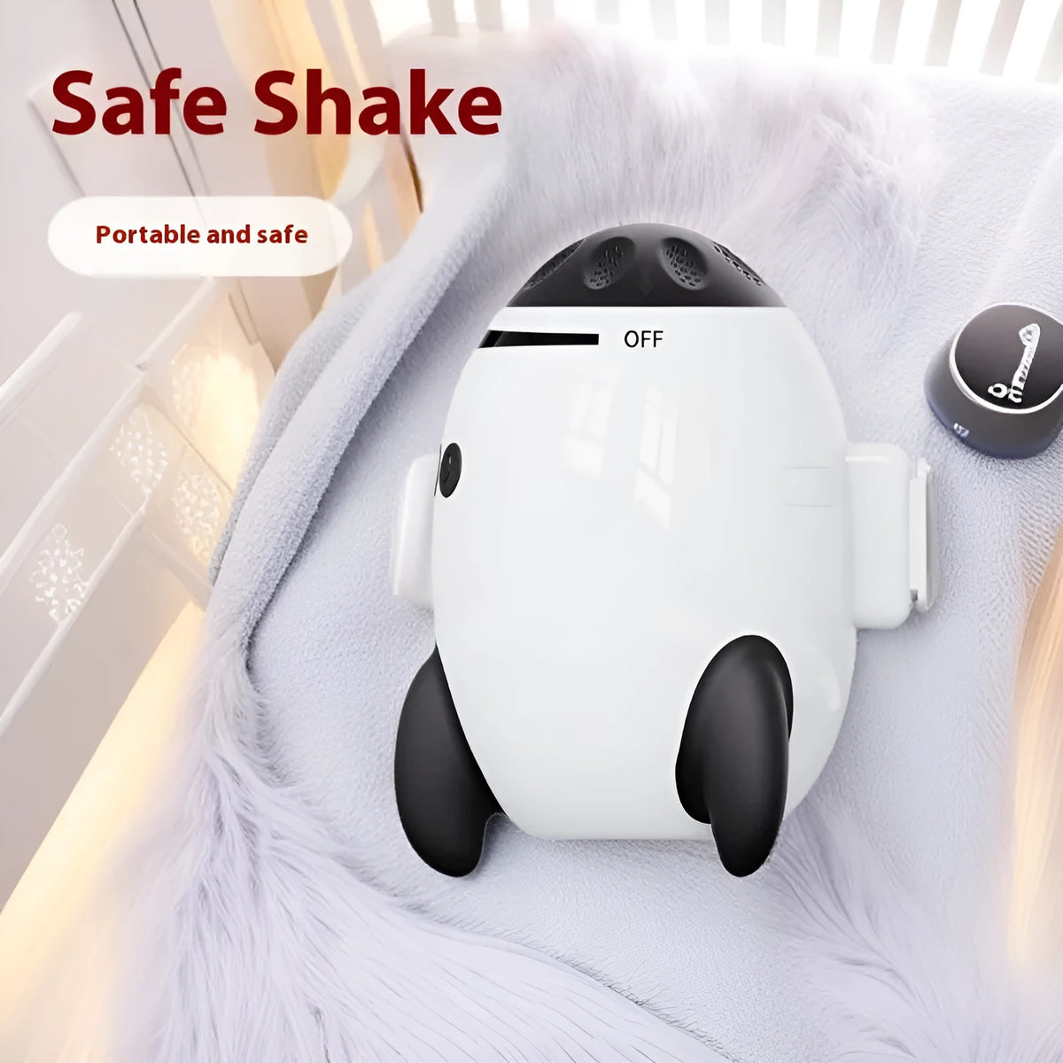 White baby sleep comforter device with automatic shaking and Bluetooth connectivity