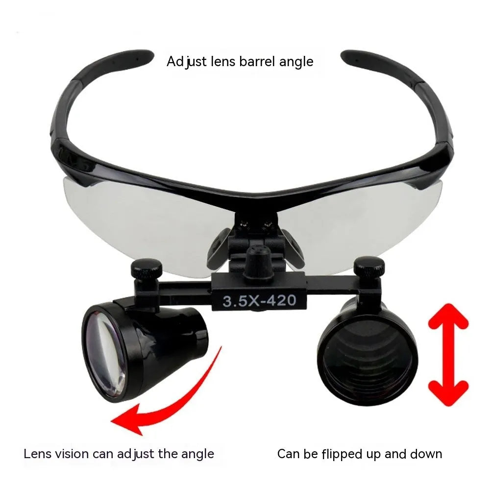 Black head-mounted dental magnifying glass with LED light and adjustable working distance