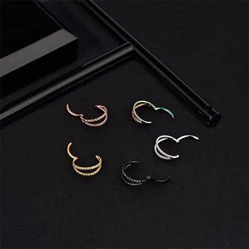 Titanium alloy nose ring with G23 monoclinic diamond finish in gold colour showing gauge size