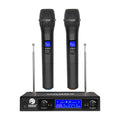 V-3002 wireless microphone system with two black handheld microphones and compact transmitter unit