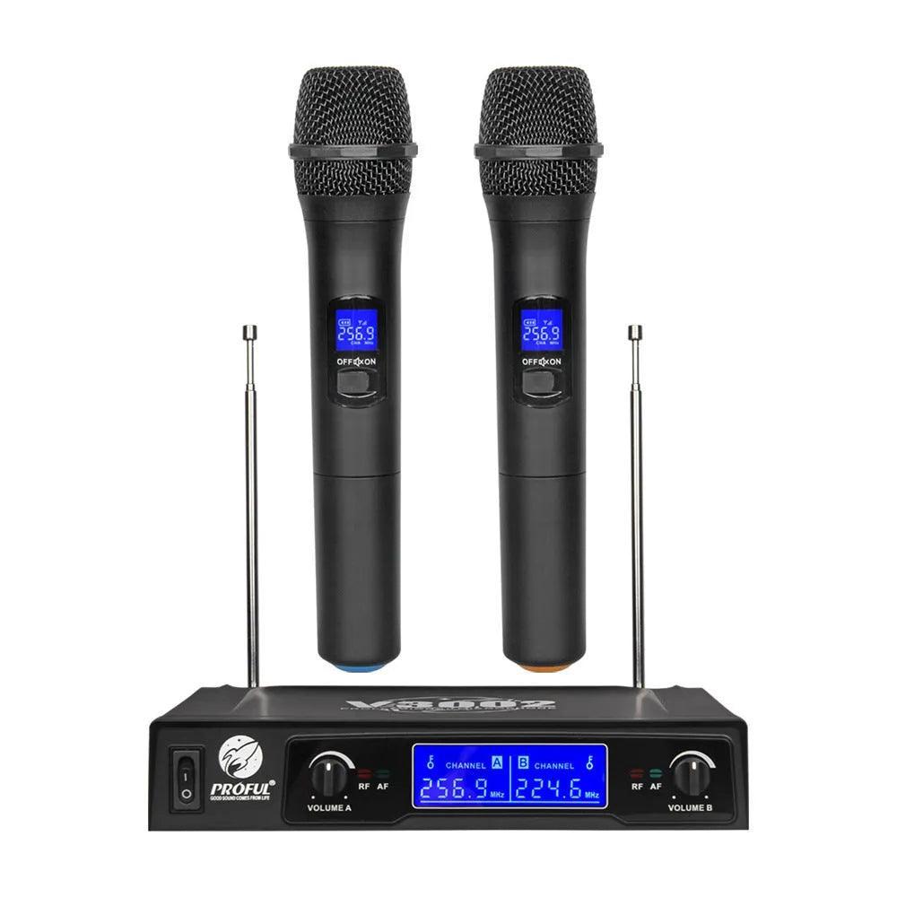 V-3002 wireless microphone system with two black handheld microphones and compact transmitter unit