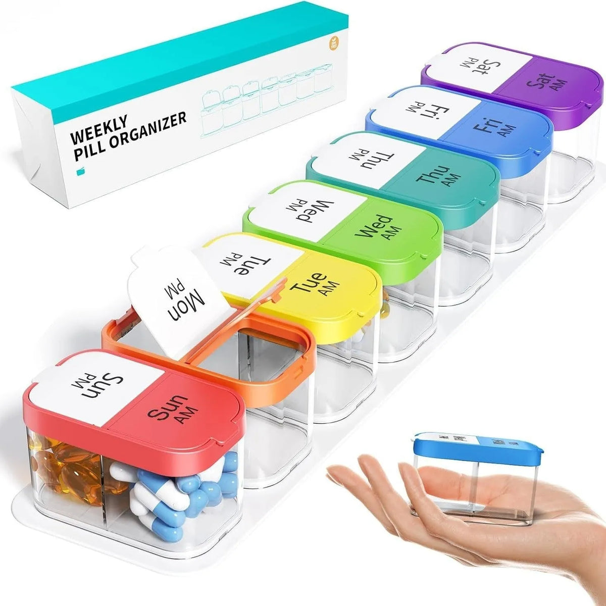 14 compartment plastic pill organiser with removable daily trays in rainbow colour option showing dimensions