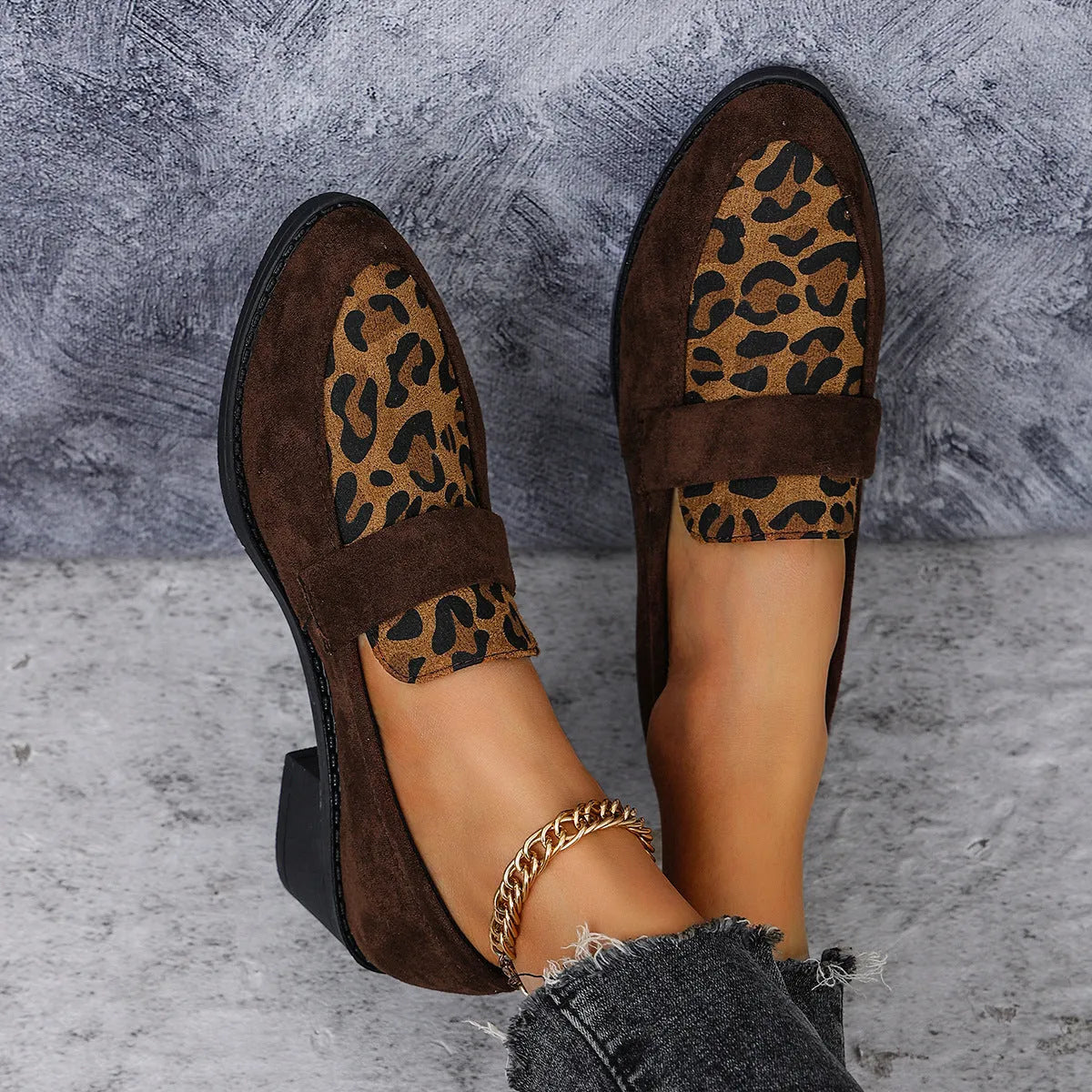 Brown leopard print slip-on suede shoe with chunky mid heel and pointed toe