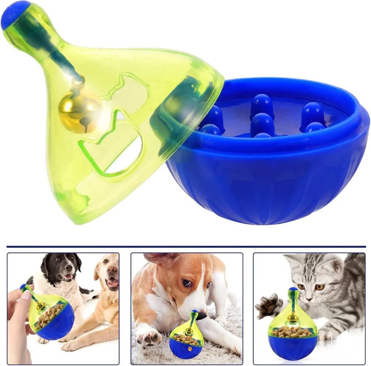 Blue and white tumbler-shaped dog and cat treat dispenser puzzle toy on a wooden floor.