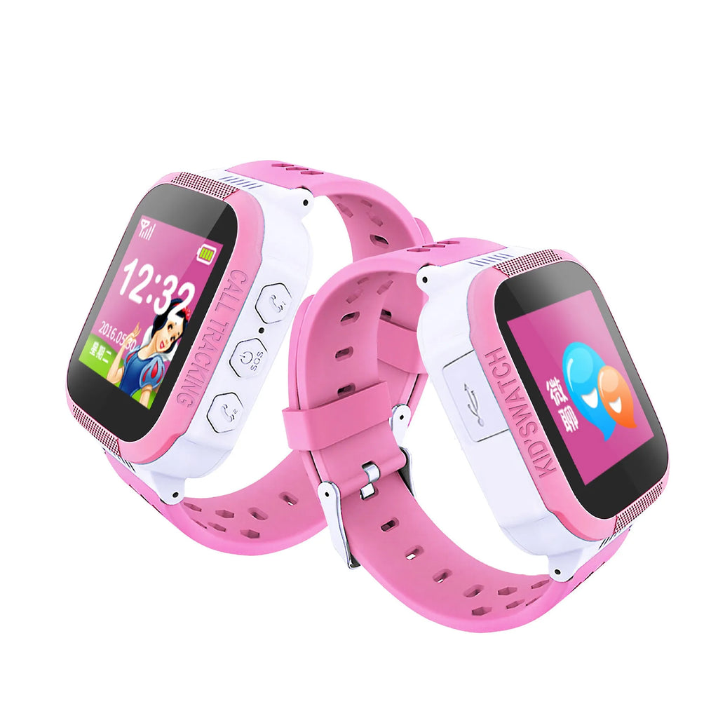 Blue and pink children's phone watch with a 1.44-inch IPS colour screen on display.