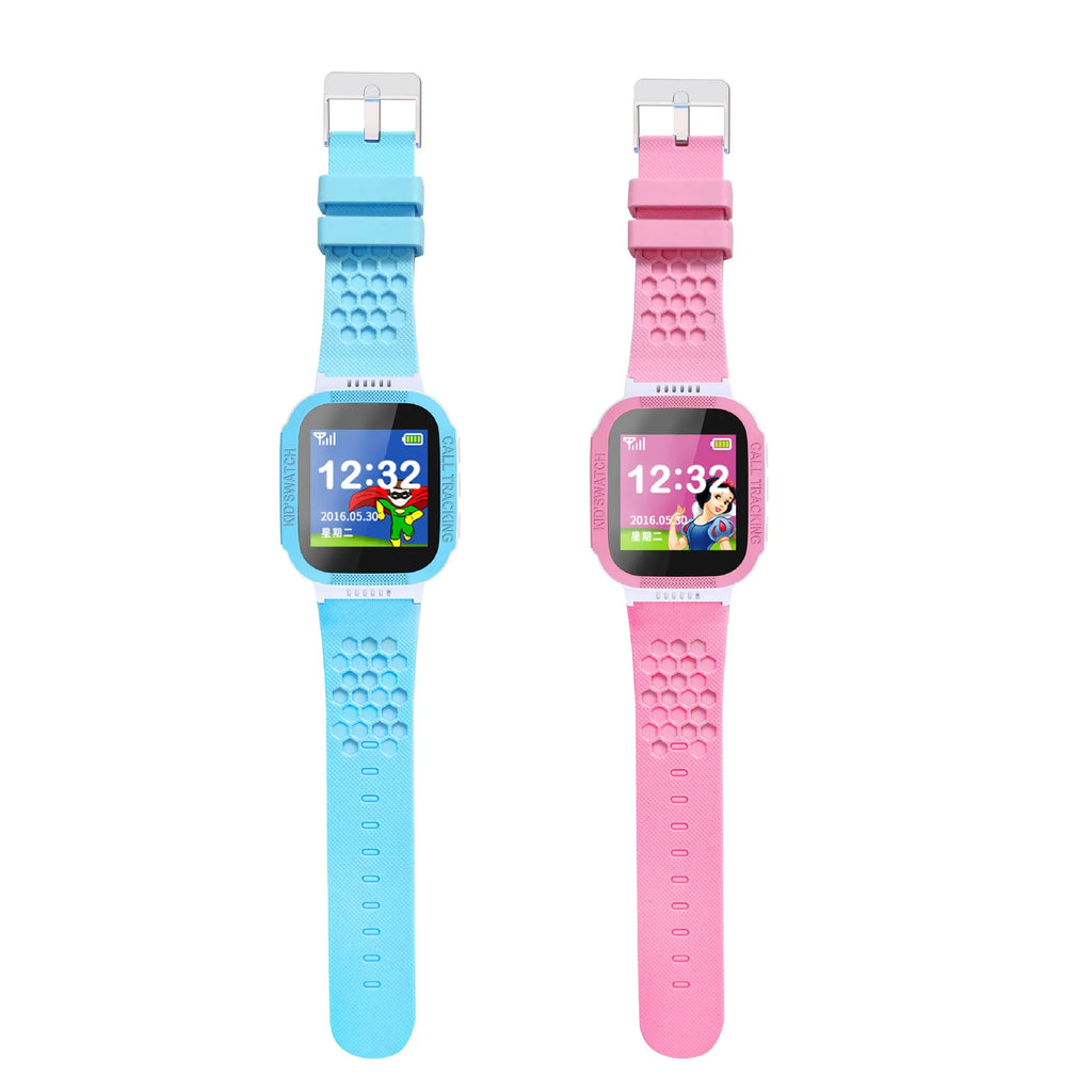 Blue and pink children's phone watch with a 1.44-inch IPS colour screen on display.