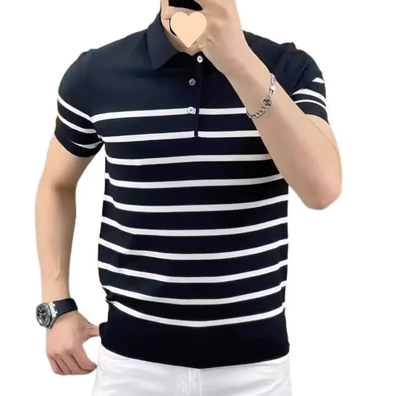 Black and white striped lapel knitted t-shirt on hanger showing pullover style