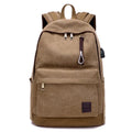 USB rechargeable canvas backpack showing computer pocket and front zipper compartment