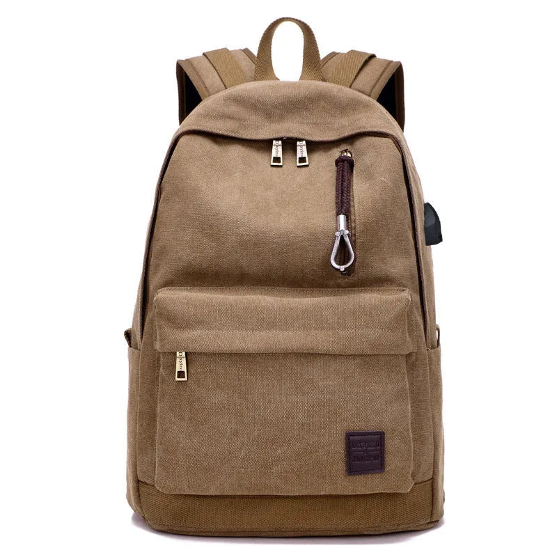 USB rechargeable canvas backpack showing computer pocket and front zipper compartment