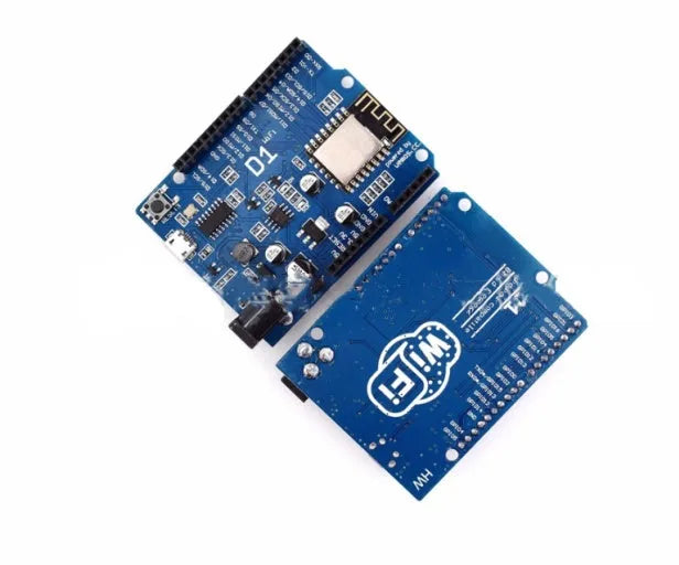 Black WiFi development board with ESP-8266EX chip, pin headers, and USB connector.