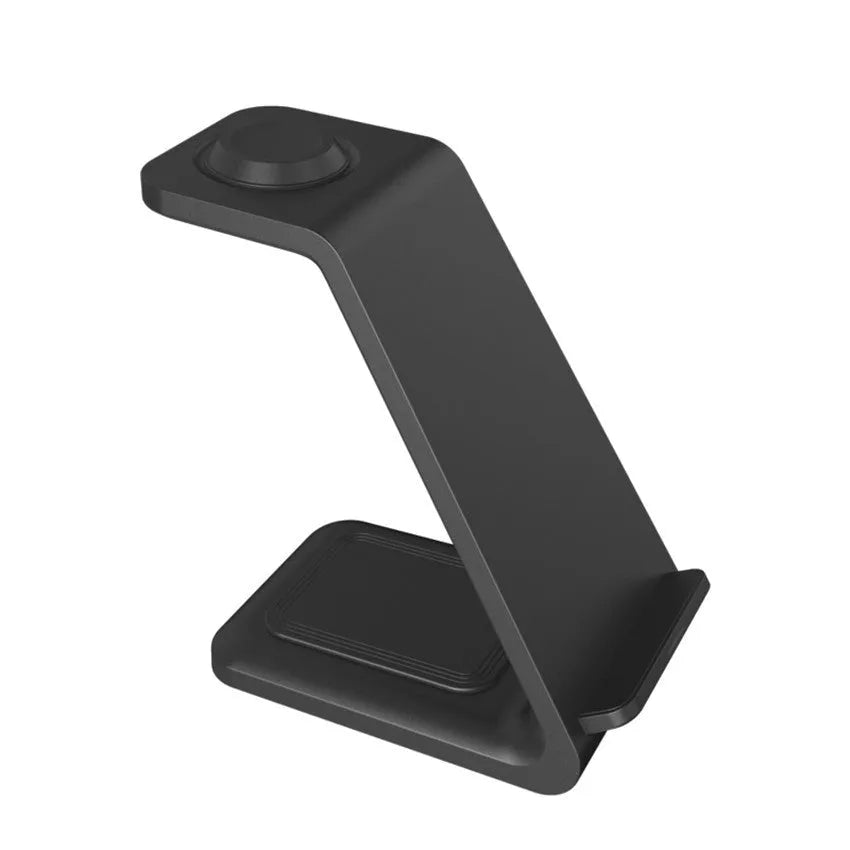 White 3-in-1 upright wireless phone charger with dual coil Qi technology and Type-C cable