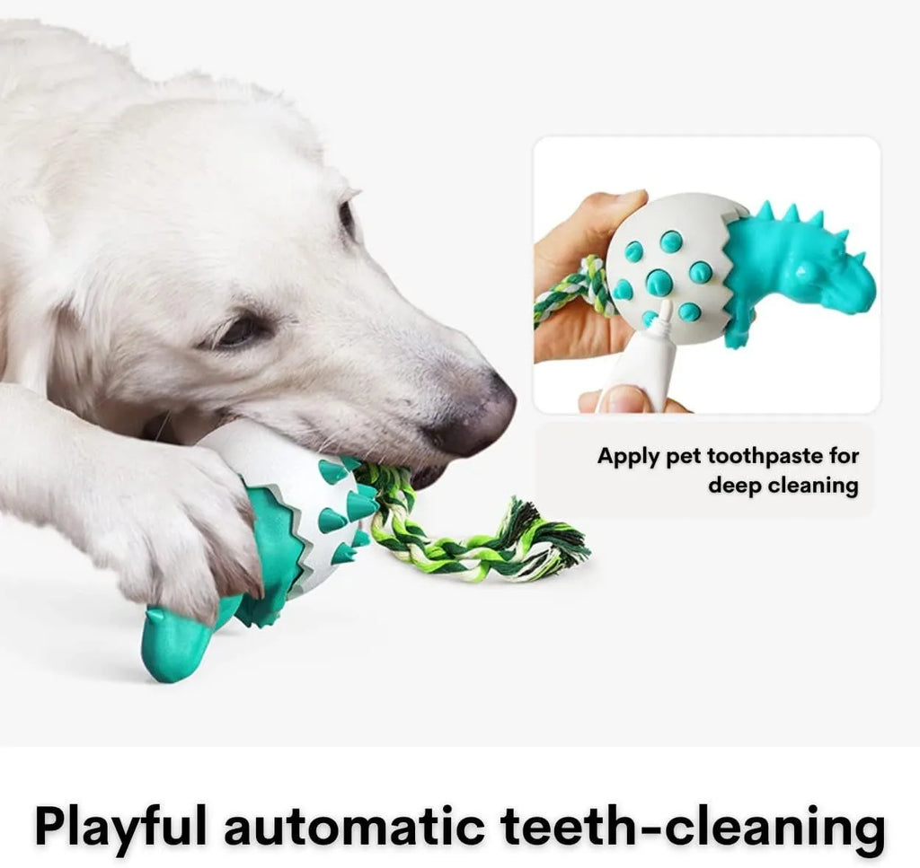 Blue dinosaur-shaped dog chew toy with integrated nylon rope on a wooden floor.