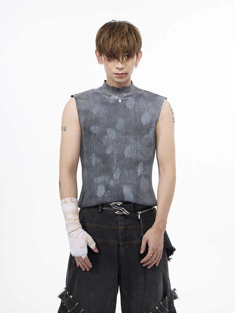 Men's black sleeveless vest with a stand collar and silver brushed detail, showing pullover design.