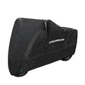 Black motorcycle cover for electric vehicles showing rain protection and heat insulation features