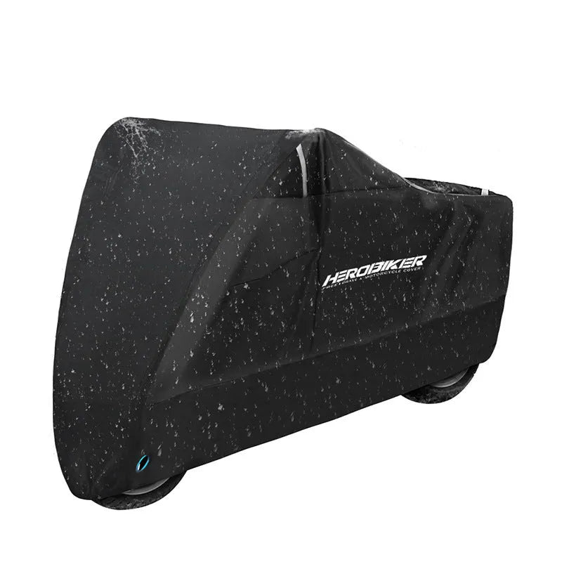 Black motorcycle cover for electric vehicles showing rain protection and heat insulation features