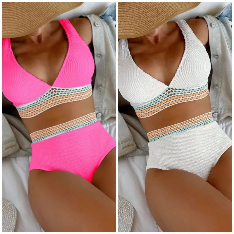 Women's high waist solid colour bikini set in white and pink options