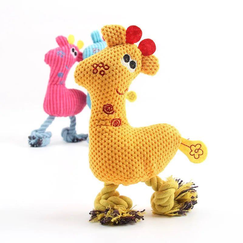 Blue deer-shaped plush pet toy with corn grain texture detail