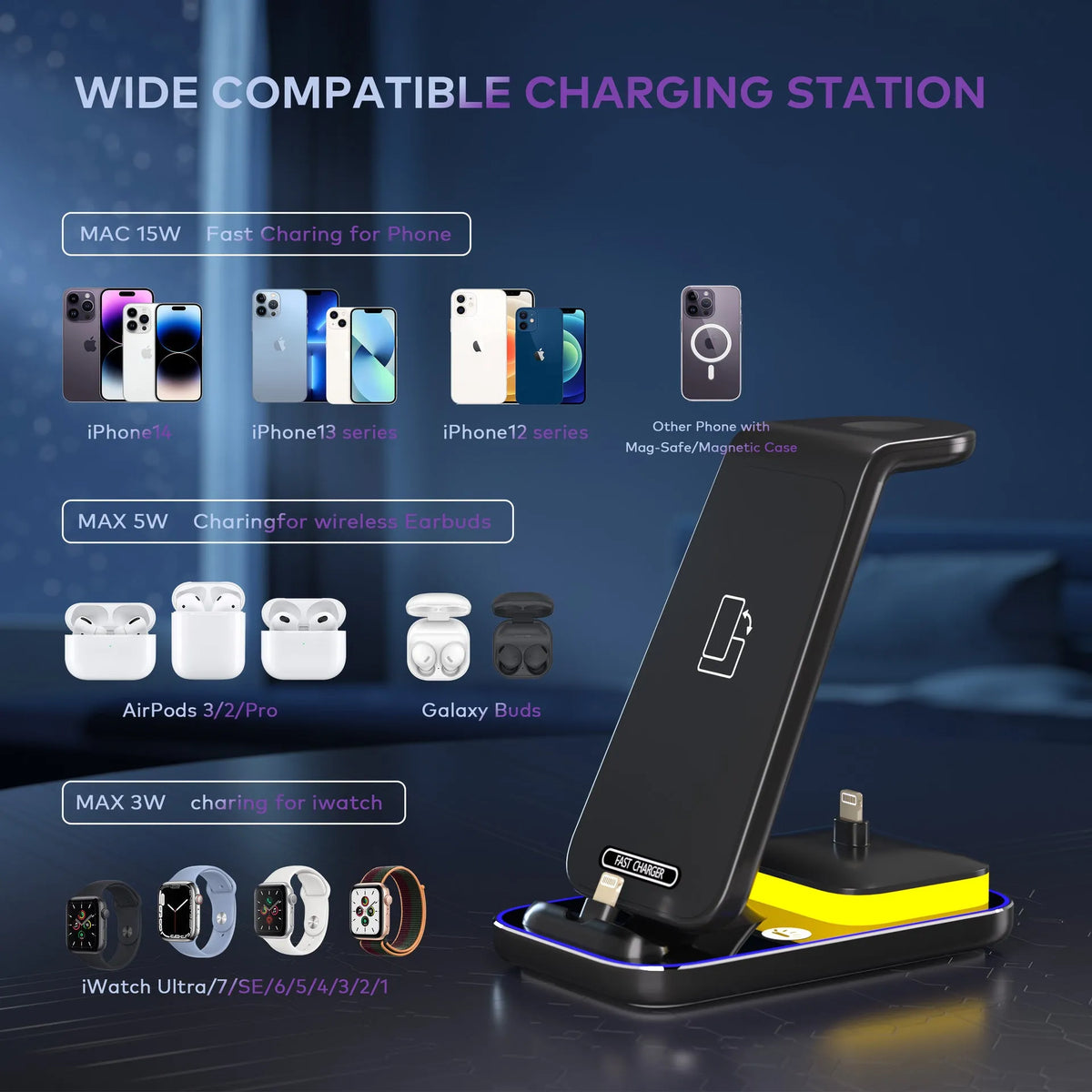 Black vertical wireless charger with phone charging in upright position on desk