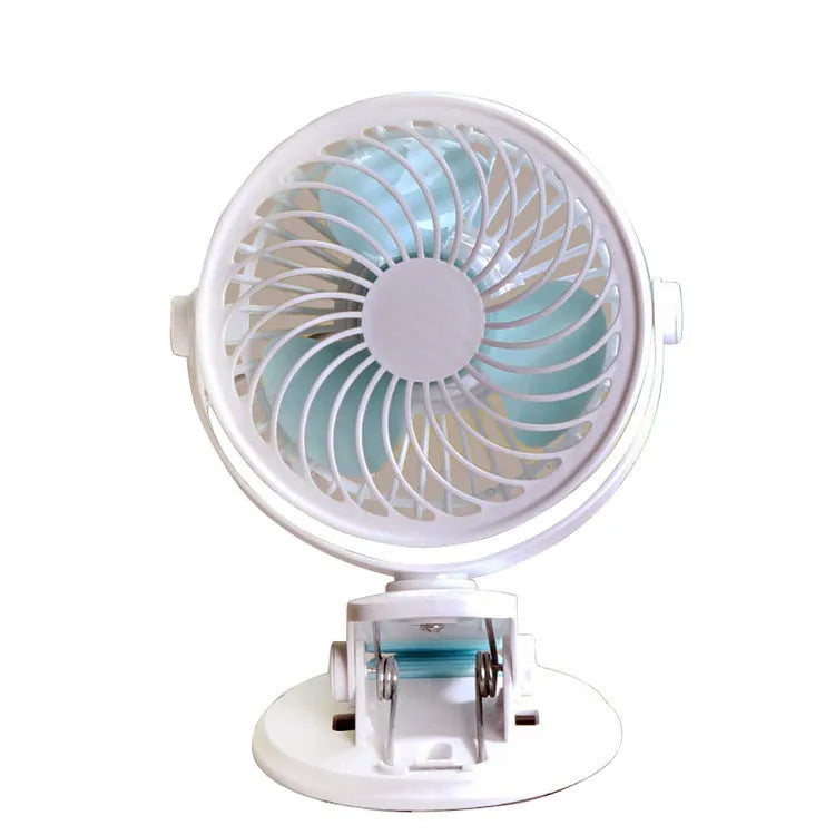 USB-powered portable desk fan with clip-on and floor-standing options showing compact 19×15×10cm dimensions