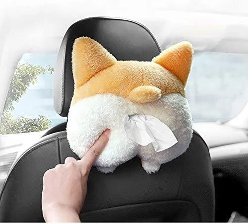 Yellow corgi butt shaped car tissue box cover hanging from a sun visor