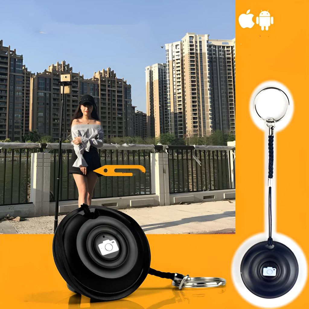 Black Bluetooth remote control for smartphone photography with snap button design