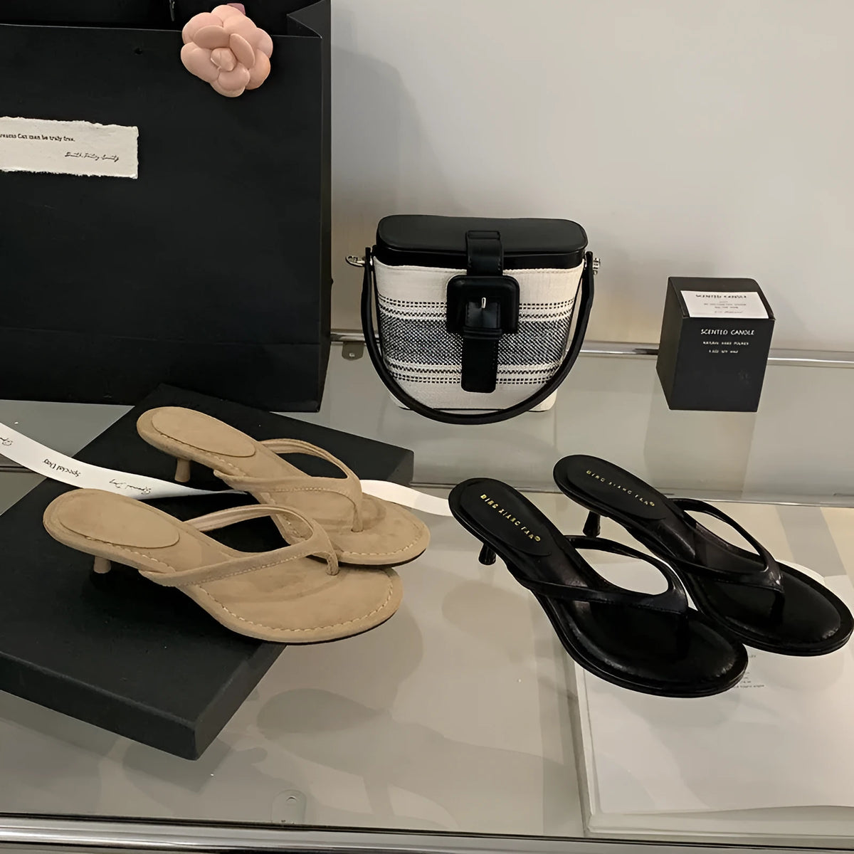 Women's stiletto sandals with open-toed flip-flop design in sheepskin camel colour with round toe