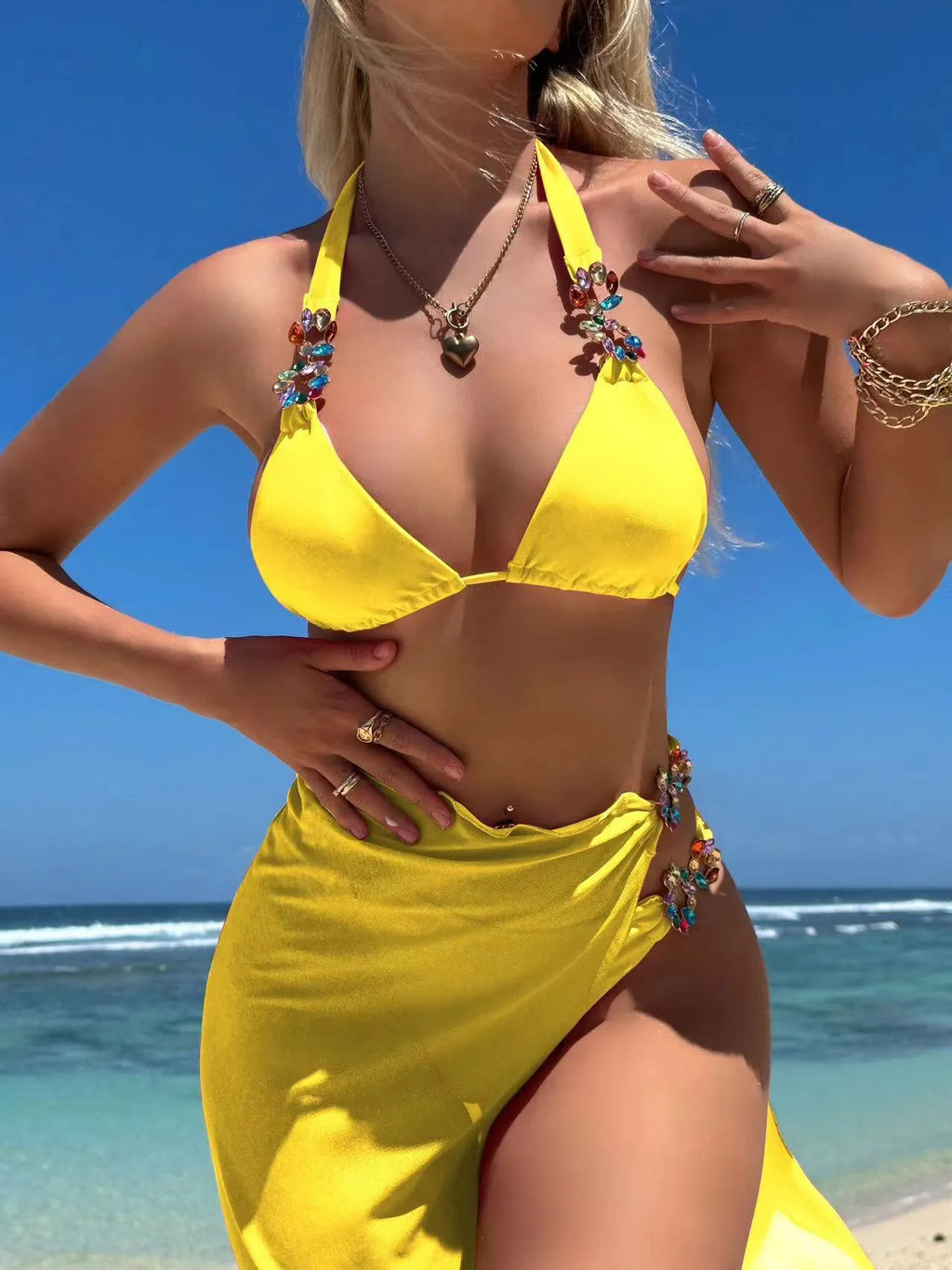 Women's three-piece swimsuit bikini set with mesh long skirt in rose red and yellow colours