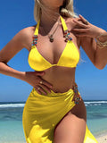 Women's three-piece swimsuit bikini set with mesh long skirt in rose red and yellow colours