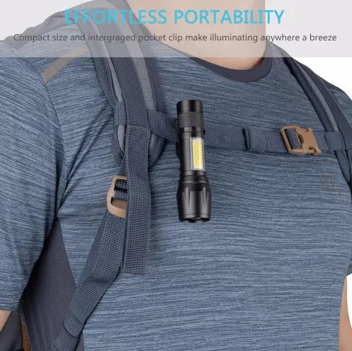 Black mini telescopic aluminium LED flashlight with adjustable focus and pocket clip