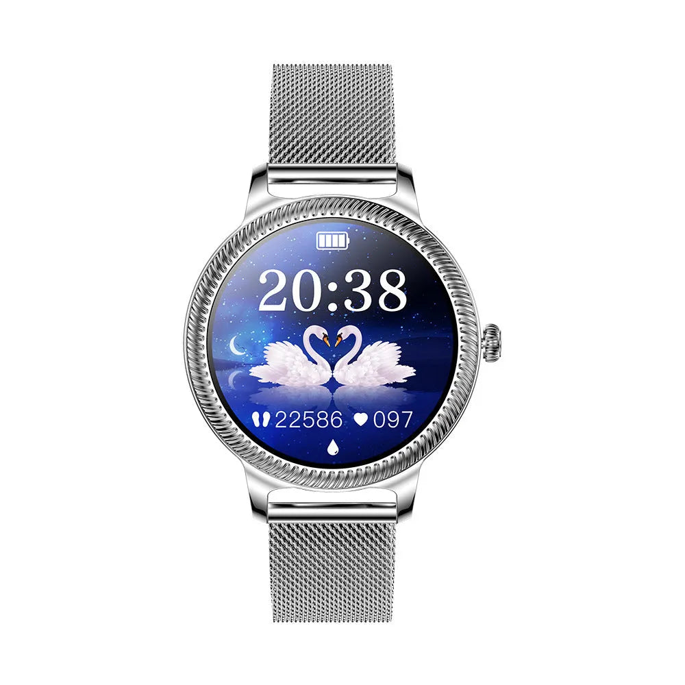 AK38 ladies smart watch with stainless steel bracelet and 1.09-inch display