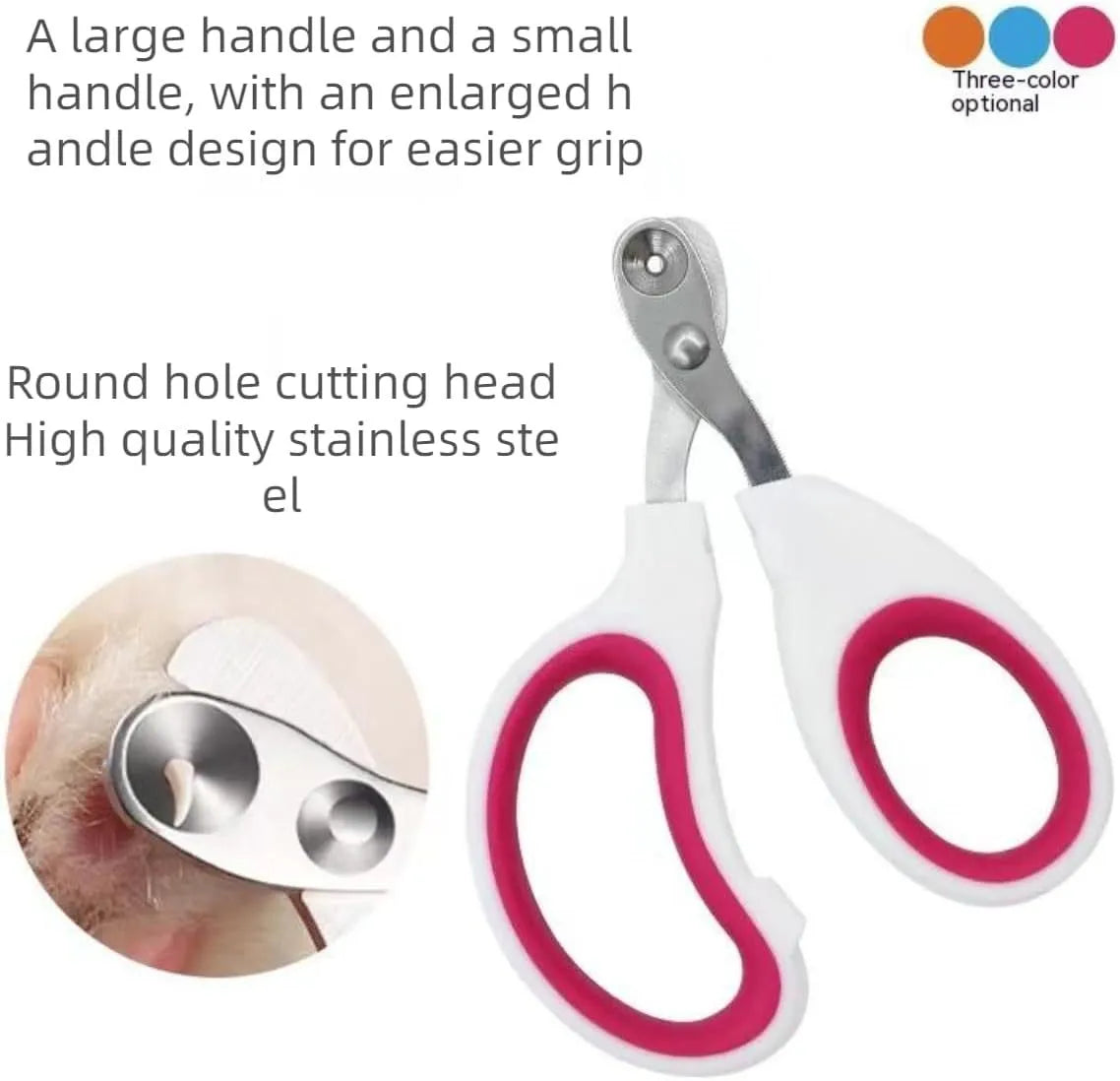 Blue cat nail clippers with circular cutting hole and cushioned handle on a white surface.