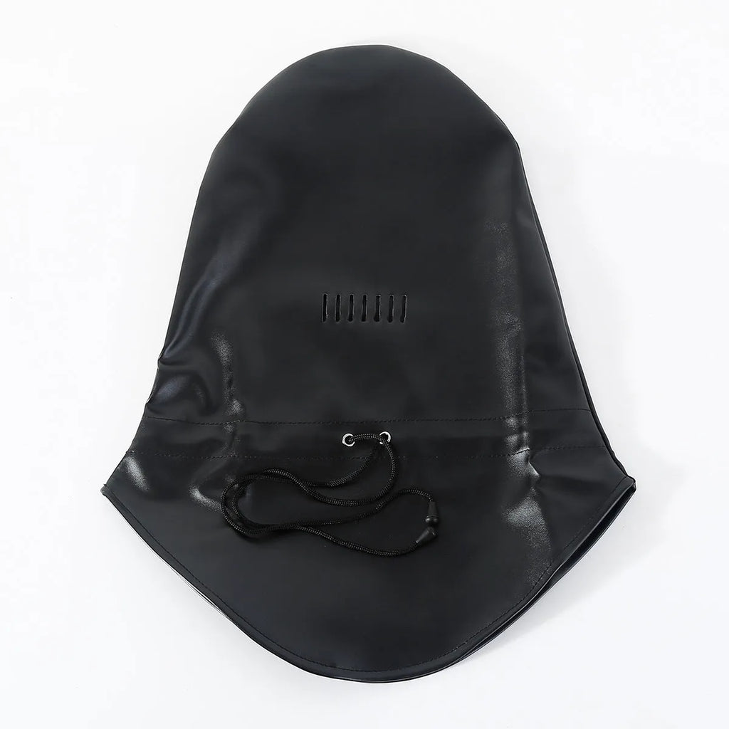 Black leather adjustable BDSM training mask for adult role-play scenarios