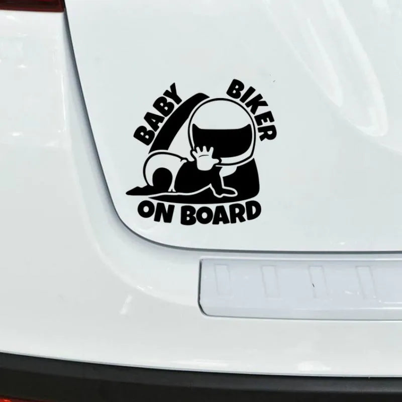 Black and white reflective BABY ON BOARD humorous warning car sticker measuring 14.5 by 15 centimetres.