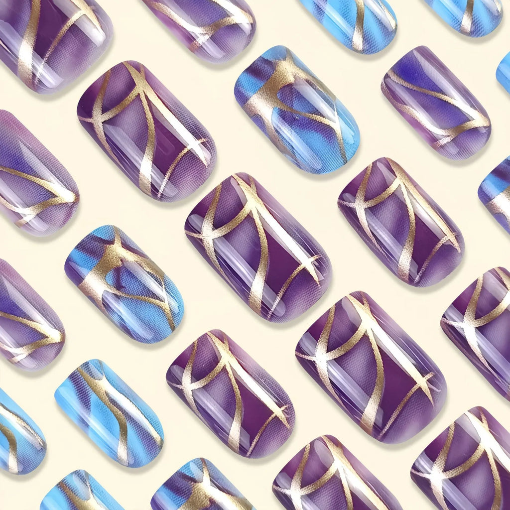 Purple striped nail stickers with mid-length European and American styling, jelly glue adhesive