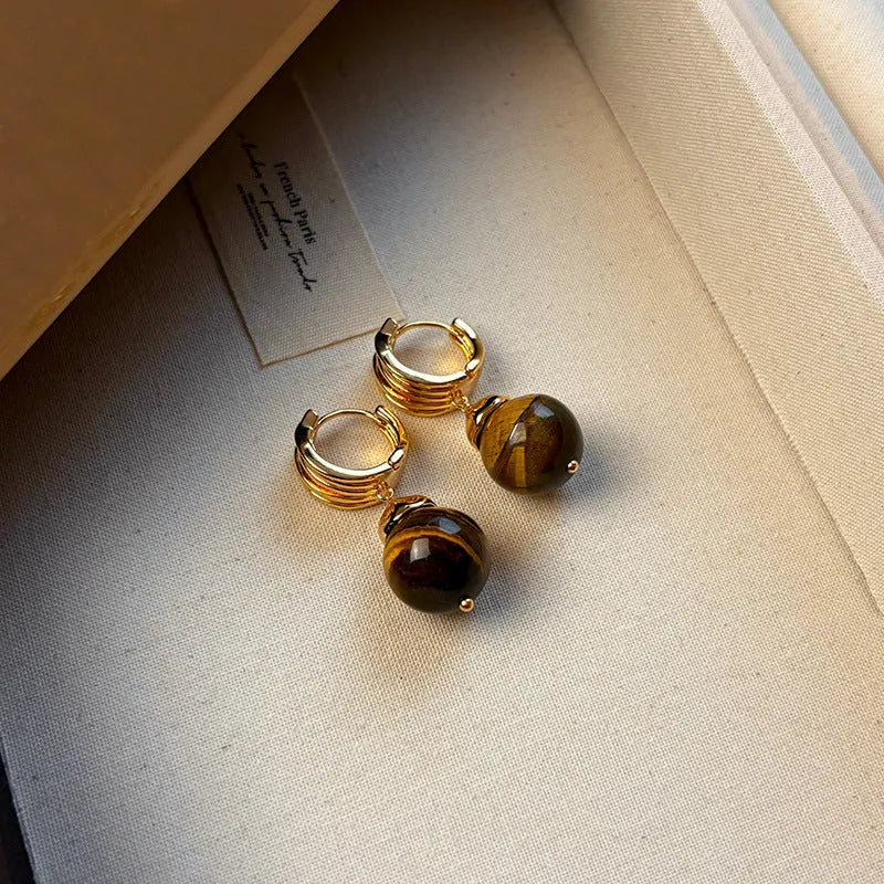Gold-plated tigereye geometric earrings with circular details in brown or black French retro style