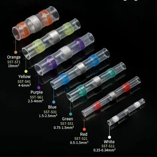 Heat shrink solder ring terminal in multiple colours for waterproof 32A electrical connections