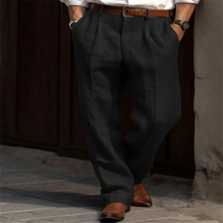 Men's linen trousers, double pleated front, straight leg, mid waist, zip fly, available in black, white, khaki, olive green