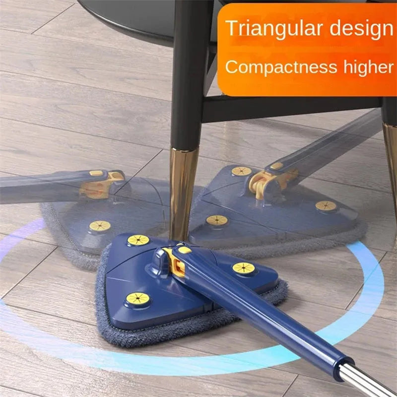 Blue triangle cleaning mop with rotating head on an extendable stainless steel pole.