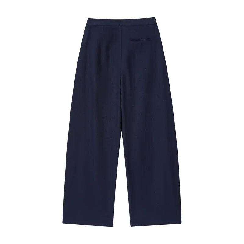 Women's linen blend suit with flounced sleeves and wide leg trousers for office wear