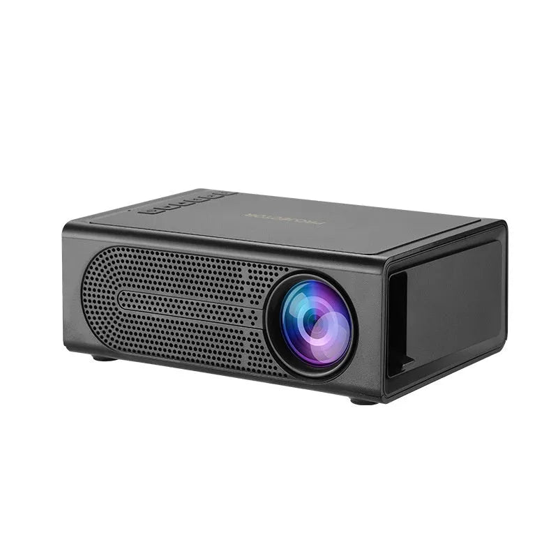 Portable mini projector in black colour showing compact design with connection ports