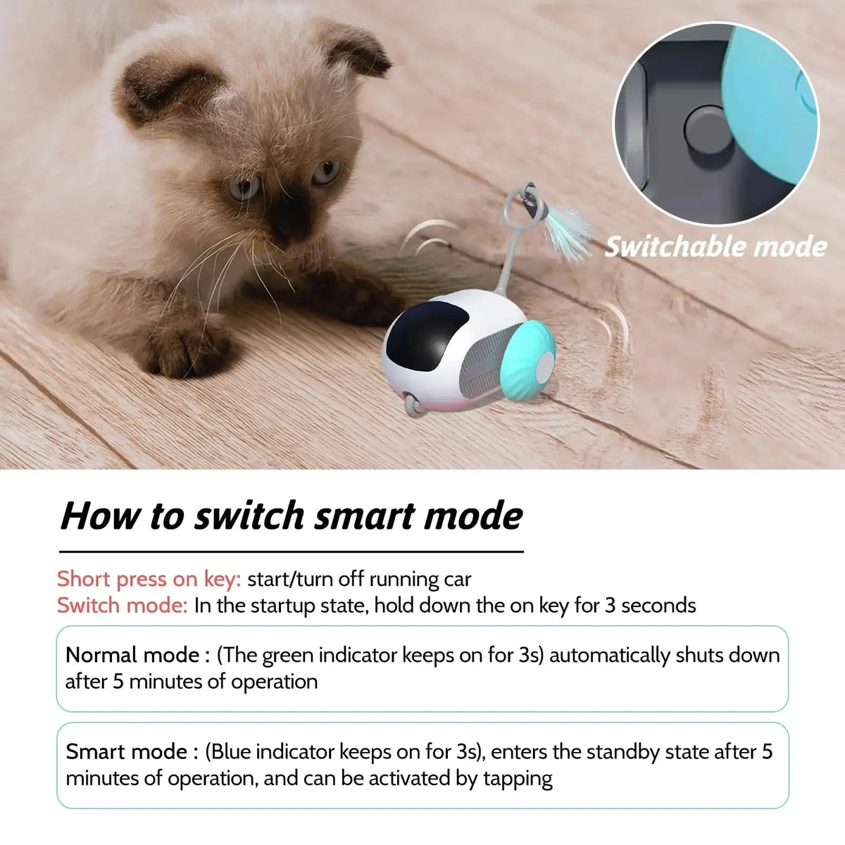 Smart cat toy car with remote control in blue colour showing feather teaser attachment