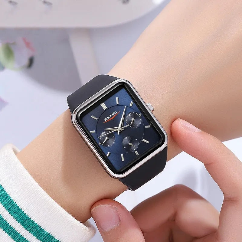 Square silicone waterproof watch for women in five colour options showing 10.8mm thickness