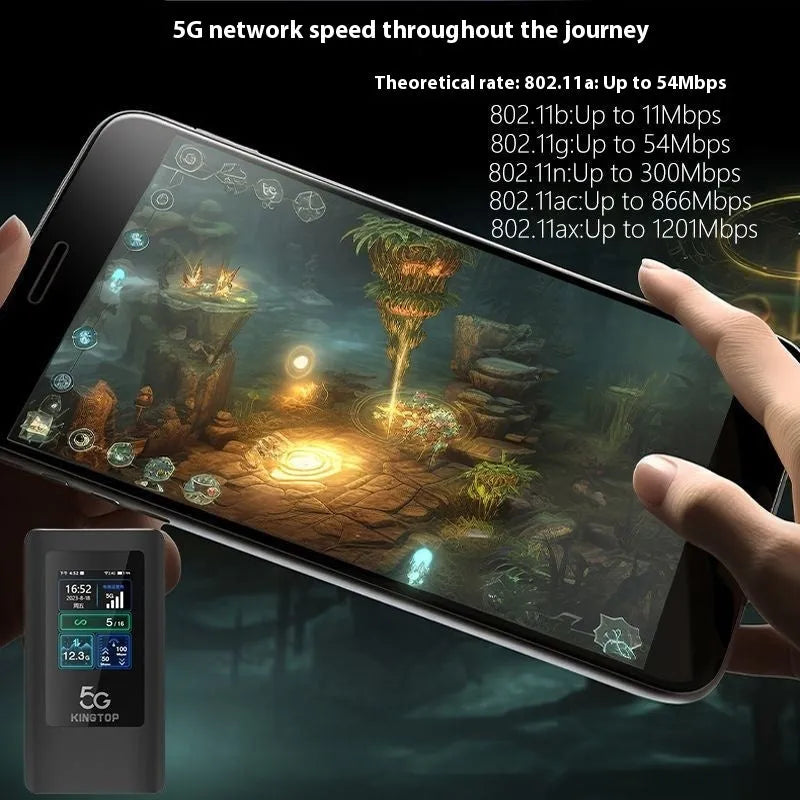 Black 5G portable Wi-Fi router with LCD display showing signal strength and battery level.