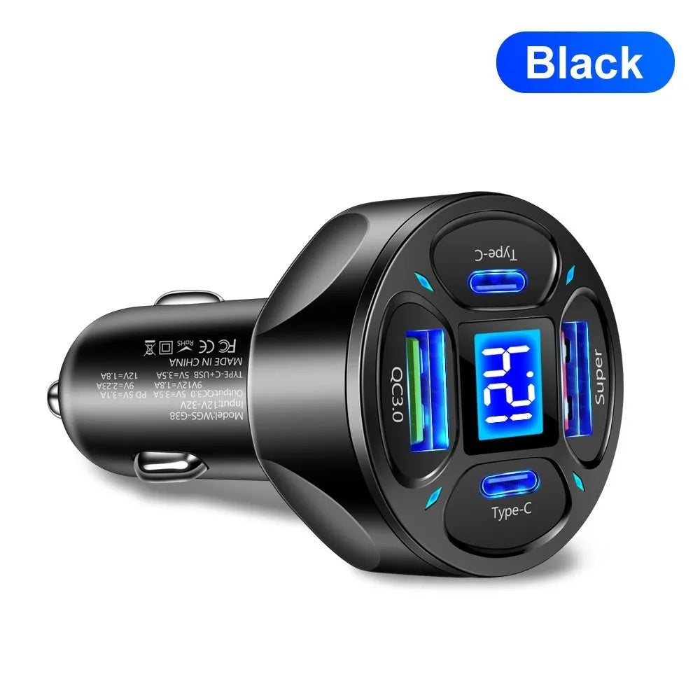66W black digital display car charger with two USB ports and two Type-C ports.