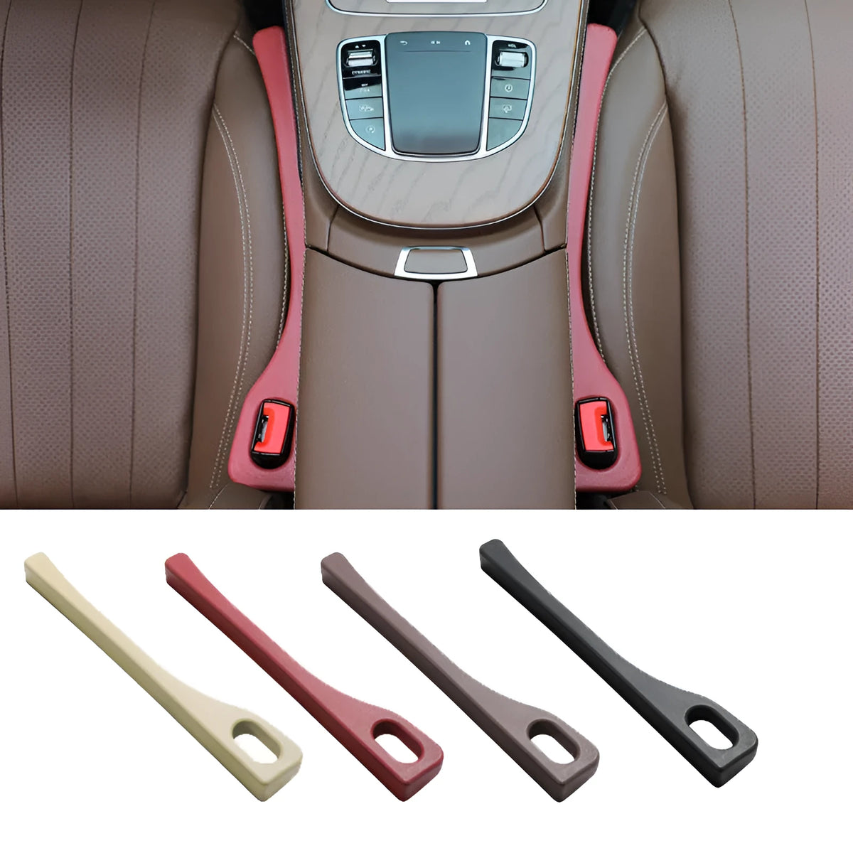 Polyurethane car seat gap filler strip in beige colour against a car interior