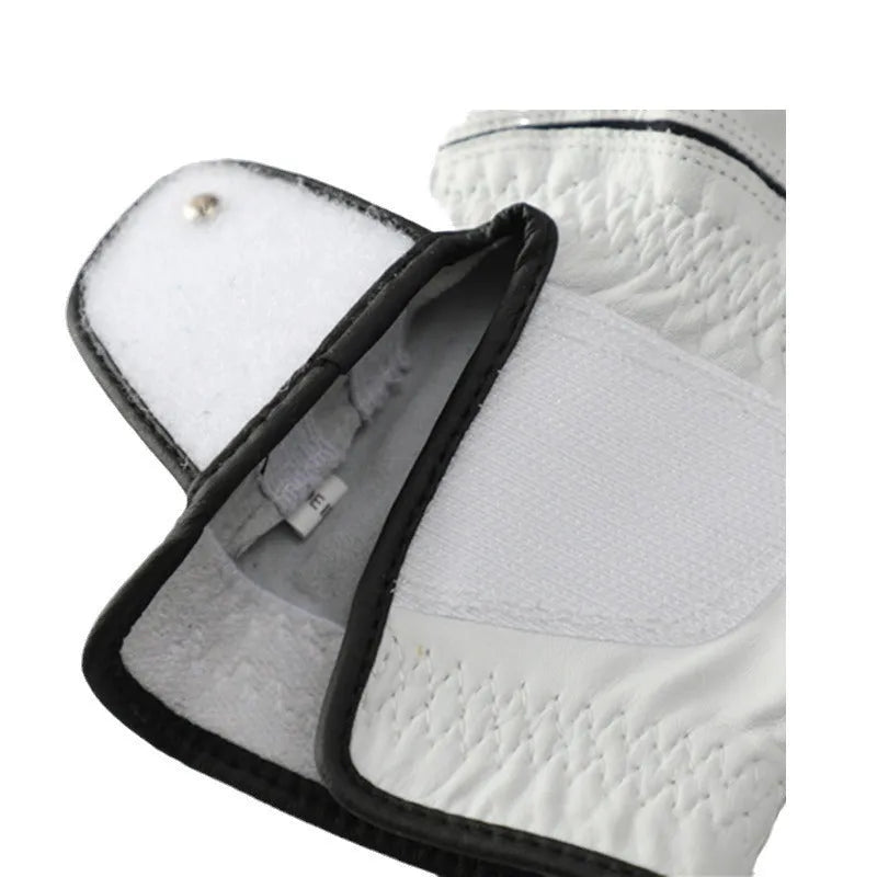 White men's golf glove made from half sheepskin leather showing palm grip detail