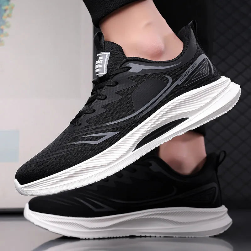Low-top men's casual shoes with woven mesh upper and rubber sole in solid colours.