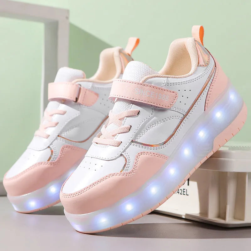 Children's charging roller skates with LED wheels in pink, purple, black or white colours