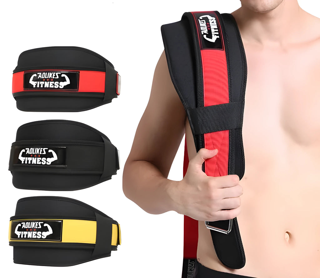 Nylon fitness weightlifting belt for adults on a gym floor, shown in black, red, and yellow colour options.